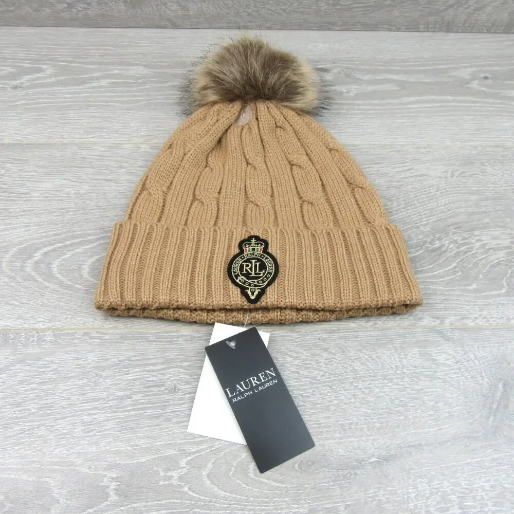 Lauren Ralph Lauren Crest-Patch Pom Pom Cable-Knit Beanie NEW - Picture 3 of 11